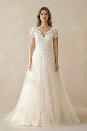 Champagne Lace Cap Sleeve A - Line Wedding Dress - KissProm Wedding Dresses