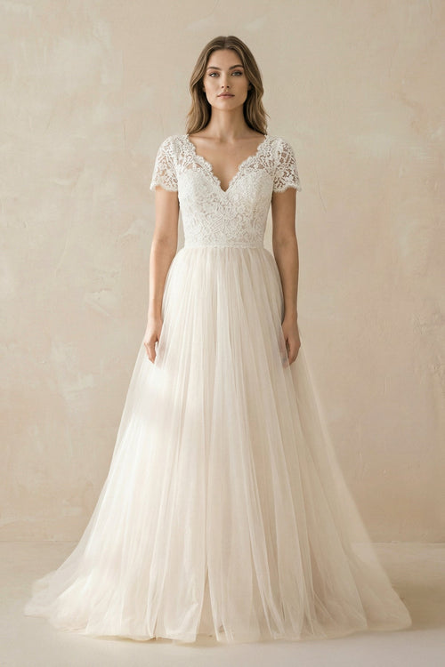 Champagne Lace Cap Sleeve A - Line Wedding Dress - KissProm Wedding Dresses