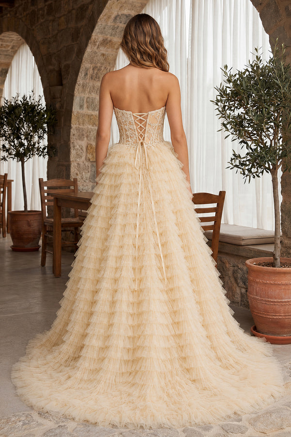 A-line Strapless Multi-Layers Tulle Prom Dress with Slit - KissProm