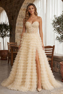 A-line Strapless Multi-Layers Tulle Prom Dress with Slit - KissProm