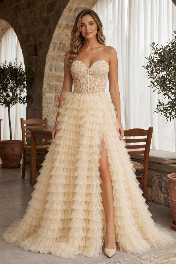 A-line Strapless Multi-Layers Tulle Prom Dress with Slit - KissProm