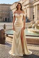 Champagne Mermaid Off The Shoulder Satin Beaded Long Formal Dress With Slit | KISSPROM