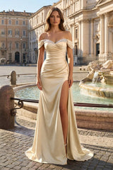 Champagne Mermaid Off The Shoulder Satin Beaded Long Formal Dress With Slit | KISSPROM