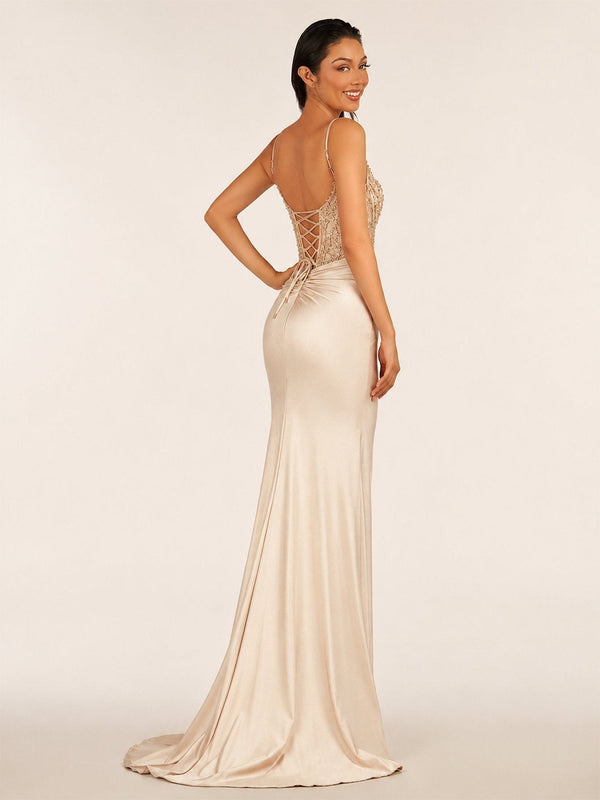 Champagne Mermaid V Neck Beading Satin Long Formal Dress with Slit (2) | KISSPROM