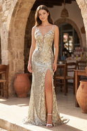 Champagne Mermaid V Neck Sequins Prom Dress with Slit | KISSPROM