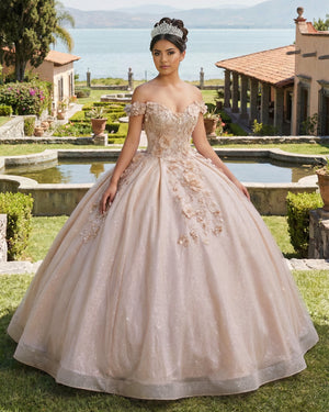 Champagne Off the Shoulder Glitter 3D Floral Quinceanera Dresses | KISSPROM