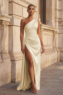 Champagne One Shoulder Sheath Satin Long Formal Dress With Slit | KISSPROM