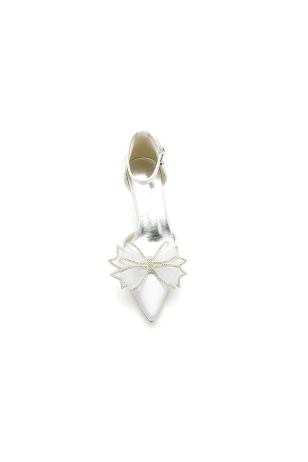 Champagne Pointed Toe Ankle Strap Wedding Shoes with Bow - KissProm