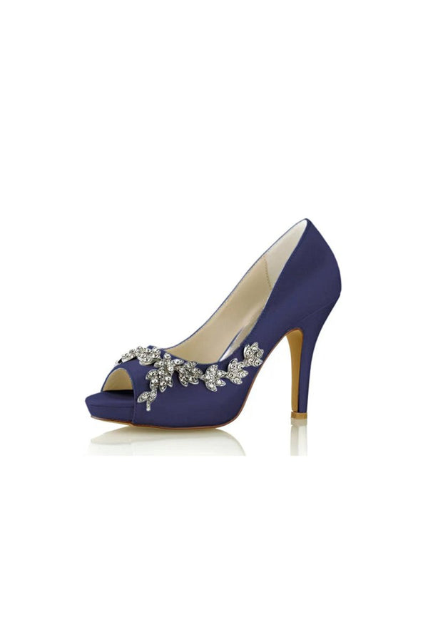 Champagne Satin Heels with Silver Metal Flower Ornament - KissProm