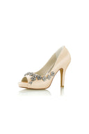 Champagne Satin Heels with Silver Metal Flower Ornament - KissProm