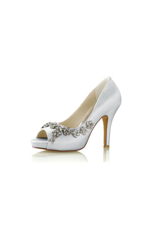 Champagne Satin Heels with Silver Metal Flower Ornament - KissProm