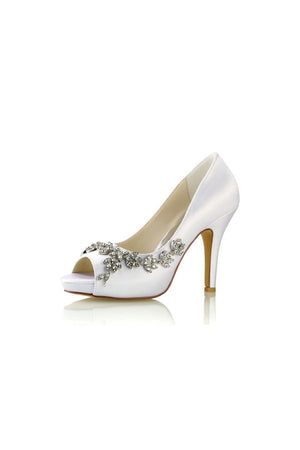 Champagne Satin Heels with Silver Metal Flower Ornament - KissProm
