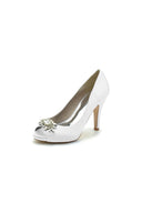 Champagne Satin High Heels with Crystal Flower Ornament - KissProm