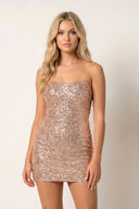 Nicki | Champagne Sheath Fitted Strapless Sequined Short Homecoming Dress - KissProm