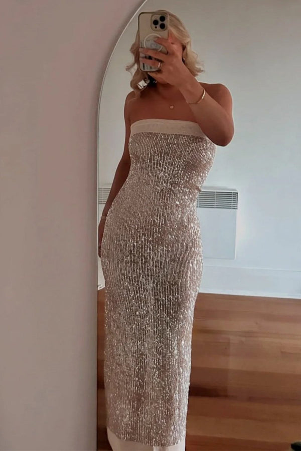 Champagne Sheath Strapless Sequined Long Party Dress (2) | KISSPROM