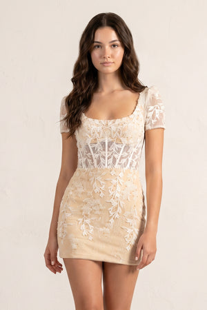 Champagne Short Bodycon Lace Homecoming Dress | KISSPROM