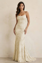 Champagne Spaghetti Straps Mermaid Tulle Long Formal Dress With Appliques | KISSPROM