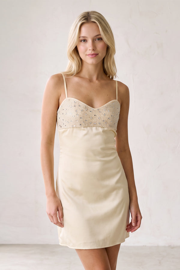 Champagne Spaghetti Straps Sheath Rhinestones Satin Homecoming Dress with Tie Back (3) | KISSPROM