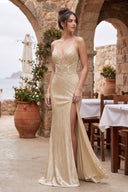 Champagne Spaghetti Straps Sheath Satin Beaded Long Party Dress With Slit | KISSPROM