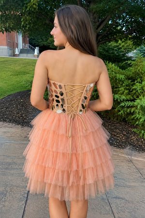 Champagne Sparkly Sweetheart A-Line Tulle Tiered Homecoming Dress-KISSPROM