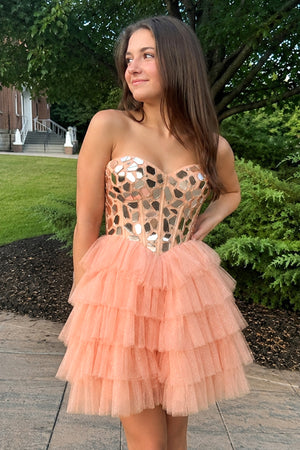 Champagne Sparkly Sweetheart A-Line Tulle Tiered Homecoming Dress-KISSPROM