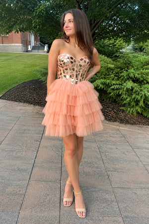 Champagne Sparkly Sweetheart A-Line Tulle Tiered Homecoming Dress-KISSPROM