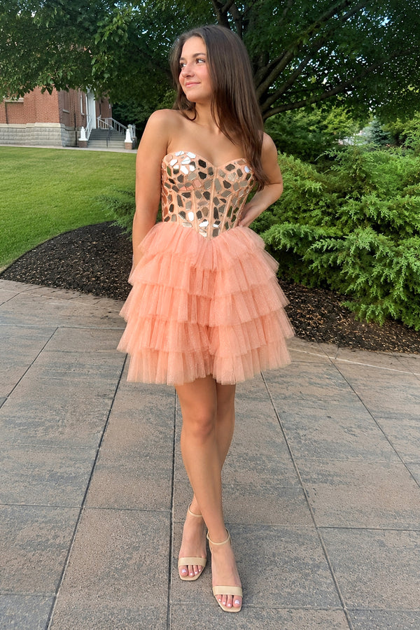Champagne Sparkly Sweetheart A-Line Tulle Tiered Homecoming Dress-KISSPROM