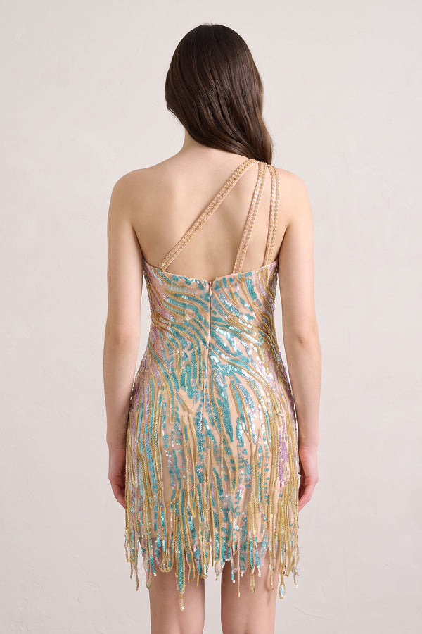 Champagne Sparkly One Shoulder Sequins Mini Party Dresses with Fringes (2) | KISSPROM