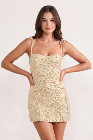 Champagne Sparkly Sequin Sheath Bow Spaghetti Straps Homecoming Dress (3) | KISSPROM