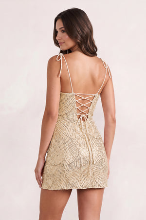 Champagne Sparkly Sequin Sheath Bow Spaghetti Straps Homecoming Dress (4) | KISSPROM