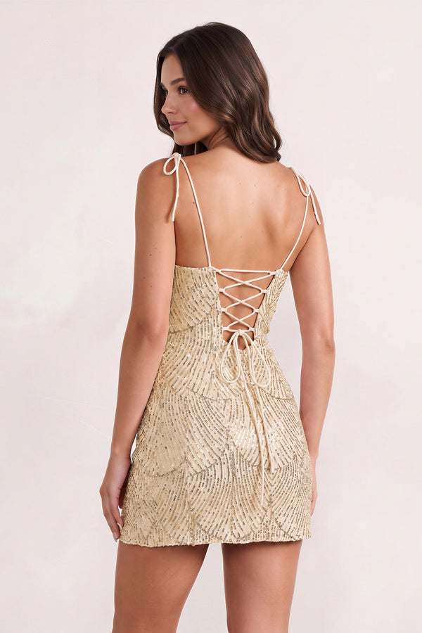 Champagne Sparkly Sequin Sheath Bow Spaghetti Straps Homecoming Dress (4) | KISSPROM