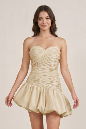 Champagne Strapless A-Line Satin Balloon Draped Homecoming Dress - KISSPROM