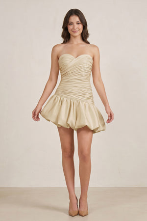 Champagne Strapless A-Line Satin Balloon Draped Homecoming Dress - KISSPROM
