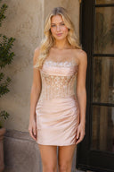 Champagne Strapless Bodycon Satin Pleated Mini Party Dress With Beading (4) | KISSPROM