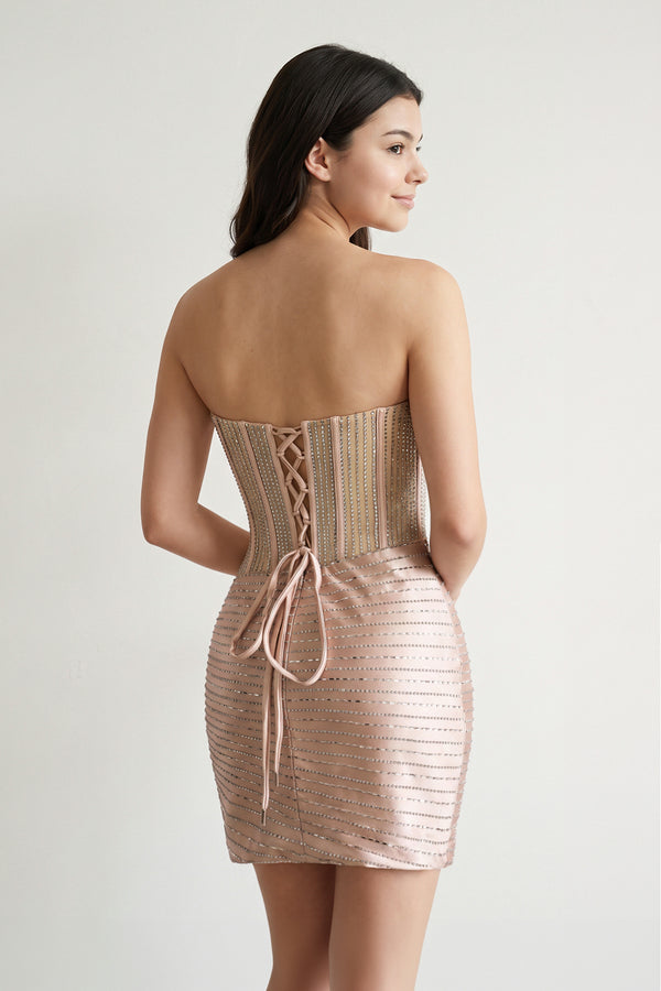 Golden Strapless Bodycon Short Mini Homecoming Dresses With Beading (2) | KISSPROM