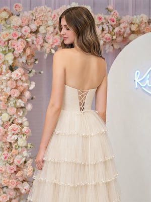 Champagne Strapless Layered Tulle Prom Dress with Sequins - KissProm
