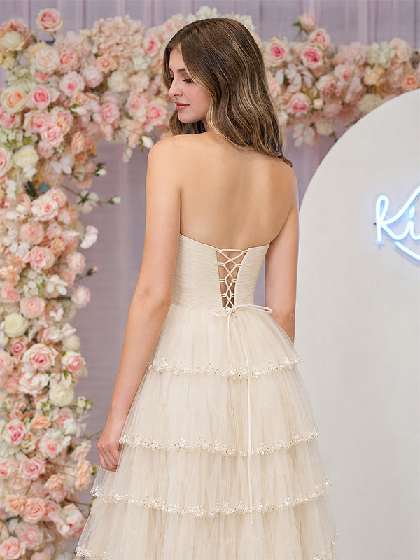 Champagne Strapless Layered Tulle Prom Dress with Sequins - KissProm