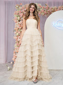 Champagne Strapless Layered Tulle Prom Dress with Sequins - KissProm