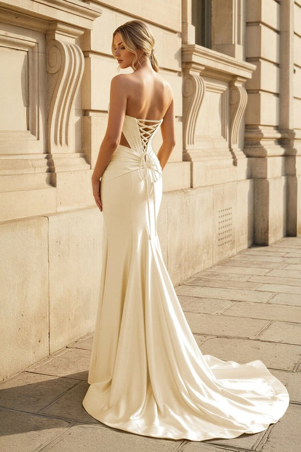 Yellow Sweetheart Mermaid Satin Beaded Long Prom Dresses With Slit – Prom Dress by KissProm | Available at KissProm