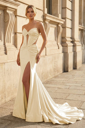 Champagne Strapless Mermaid Satin Beaded Long Prom Dresses With Slit - KissProm