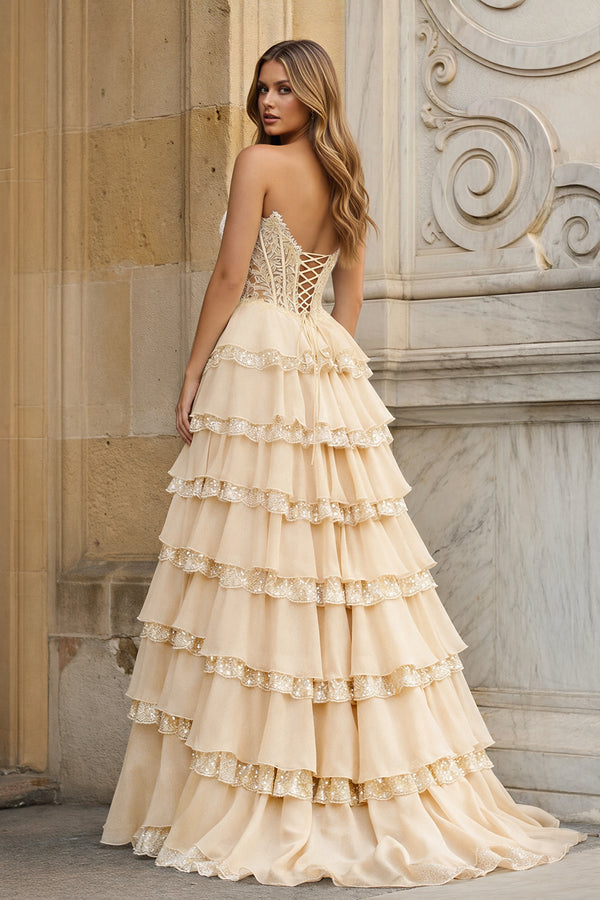 KissProm-Champagne Sweetheart A Line Sequined Lace Ruffled Long Prom Dresses With Appliques