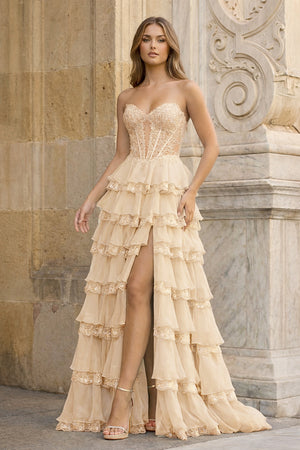 KissProm-Champagne Sweetheart A Line Sequined Lace Ruffled Long Prom Dresses With Appliques