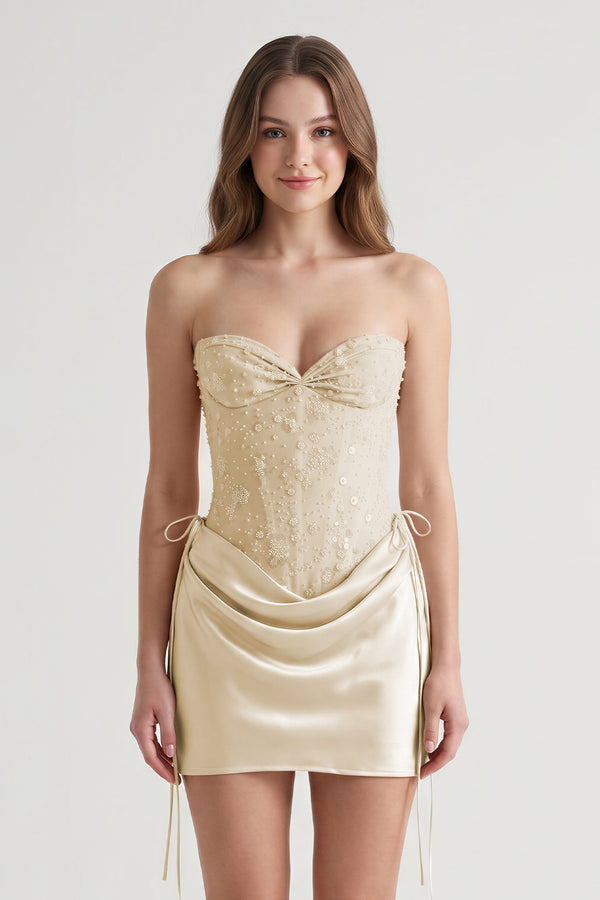 Champagne Sweetheart Sheath Corset Ruched Satin Homecoming Dress with Beading (3) | KISSPROM