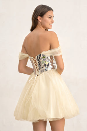 Champagne Temmie | Off-the-Shoulder Short Party Dress with Cut Glass Mirrors (2) | KISSPROM