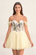Champagne Temmie | Off-the-Shoulder Short Party Dress with Cut Glass Mirrors | KISSPROM