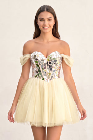 Champagne Temmie | Off-the-Shoulder Short Party Dress with Cut Glass Mirrors | KISSPROM