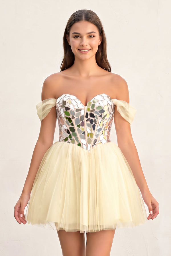 Champagne Temmie | Off-the-Shoulder Short Party Dress with Cut Glass Mirrors | KISSPROM