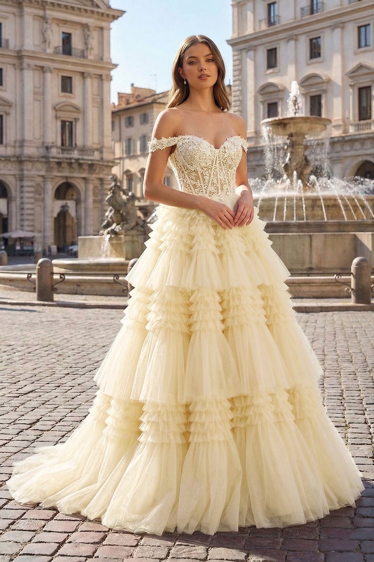 KissProm Red Tulle Off-the-Shoulder Ruffle Tiered Long Prom Dress, Champagne / 8 / Tulle