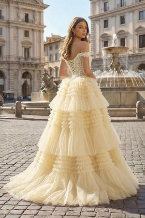 Red Tulle Off-the-Shoulder Ruffle Tiered Long Prom Dress - KISSPROM PROM DRESSES