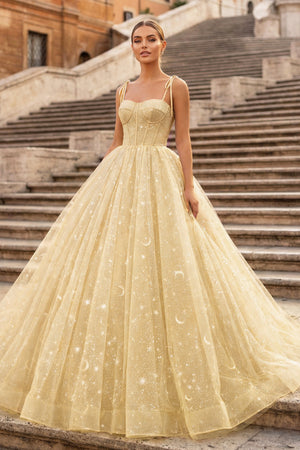 Champagne Tulle Straps Floor Length Evening Dress, Lavender A-Line Prom Dress - KISSPROM PROM DRESSES